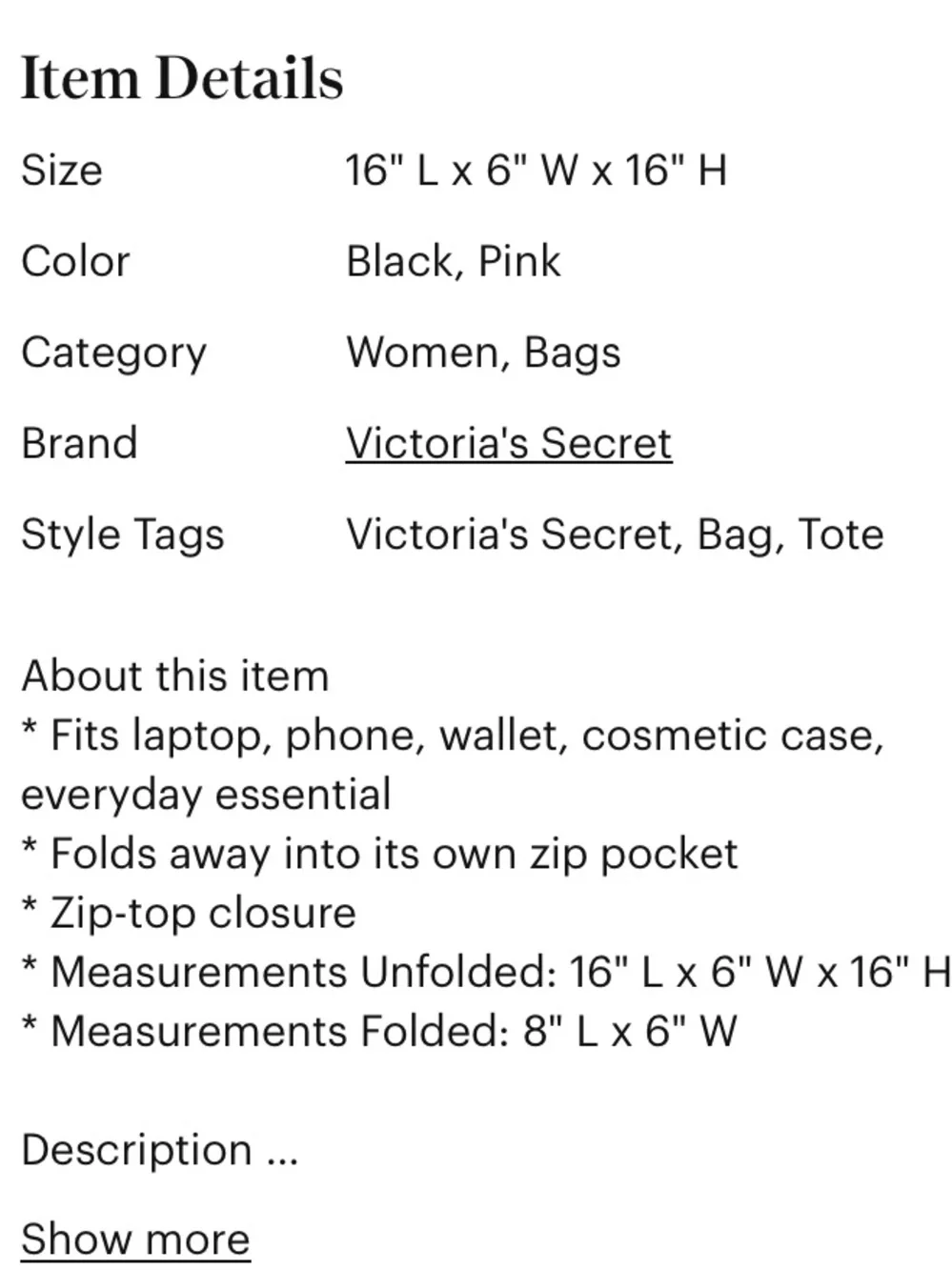 Victoria's Secret Black Tote with Pink Drawstring Accent - Picture 3 of 7